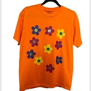 Handcrafted Artisan Flower 70’s Style Neon Orange T-Shirt in Size XL Youth